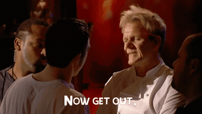 A Man Talking To Another Man With The Words Now Get Out Written On The Bottom GIF