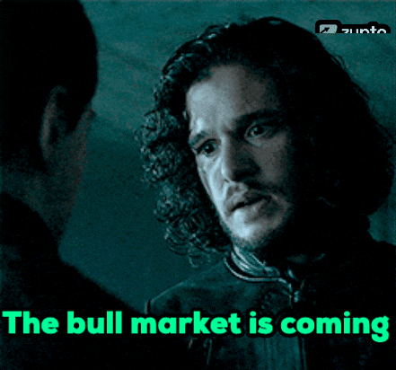 A Man Talking To Another Man With The Words " The Bull Market Is Coming " On The Bottom GIF