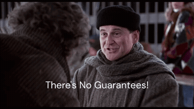 A Man Talking To Another Man With The Words " There 'S No Guarantees " On The Bottom GIF