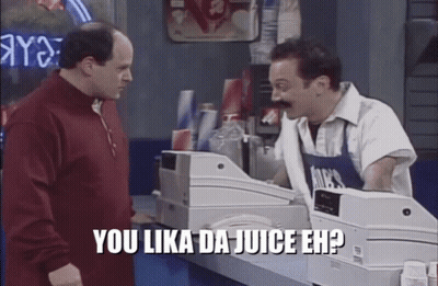 A Man Talking To Another Man With The Words You Like Da Juice Eh On The Screen GIF
