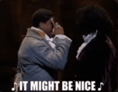 A Man Touching Another Man 'S Forehead With The Words " It Might Be Nice " Behind Him GIF
