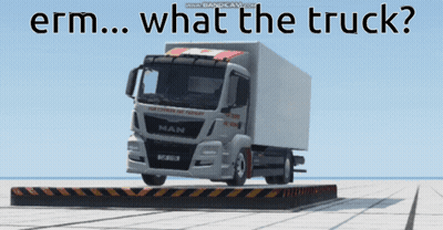 A Man Truck Is Sitting On A Platform With The Words Erm What The Truck GIF