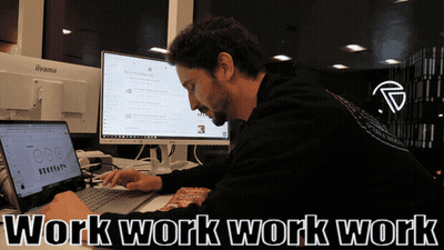 A Man Typing On A Laptop With The Words Work Work Work Work Written Below Him GIF