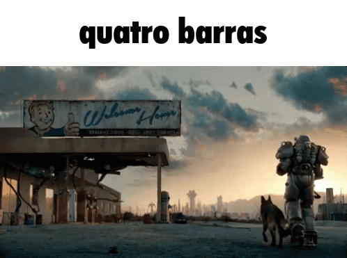 A Man Walking A Dog In Front Of A Sign That Says Quatro Barras GIF