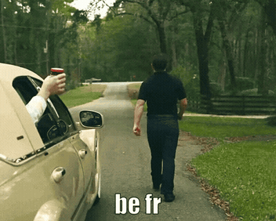 A Man Walking Down A Road Next To A Car With The Word Be Fr On The Bottom GIF