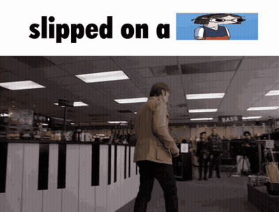 a man walking in a store with the words " slipped on a " on the bottom