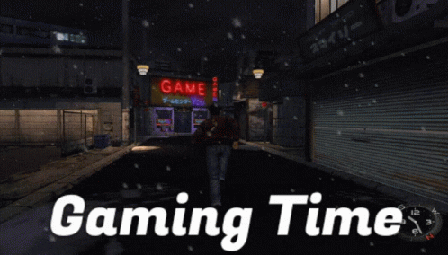 A Man Walking In Front Of A Game Center With The Words Gaming Time Below Him GIF