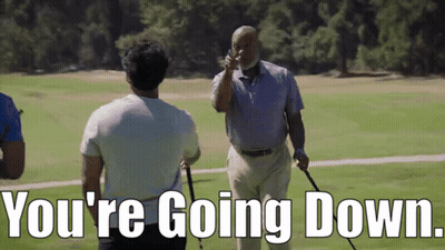 A Man Walking On A Golf Course With The Words " You 'Re Going Down " Below Him GIF