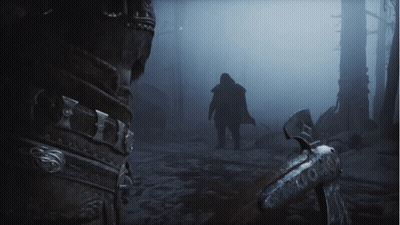 A Man Walking Through A Foggy Forest With A Sword GIF