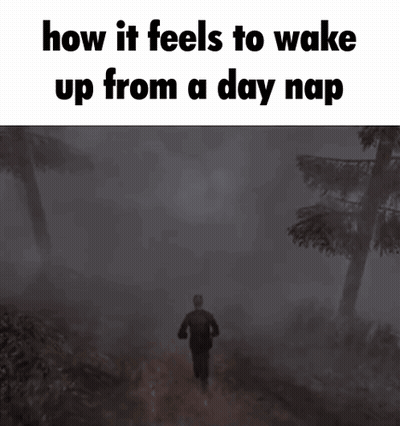 A Man Walking Through A Foggy Forest With The Words " How It Feels To Wake Up From A Day Nap " GIF