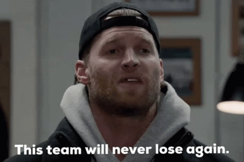 A Man Wearing A Baseball Cap And A Hoodie Says This Team Will Never Lose Again GIF