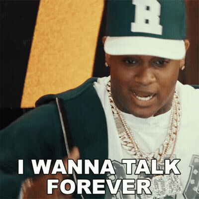 A Man Wearing A Baseball Cap And A Necklace Says " I Wanna Talk Forever " GIF