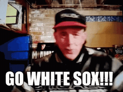 A Man Wearing A Baseball Cap And Jacket Says Go White Sox !!! GIF