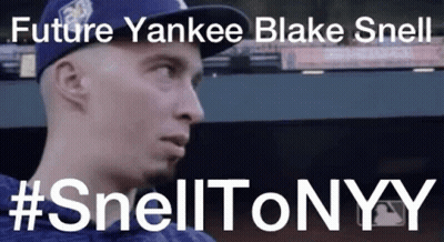 A Man Wearing A Baseball Cap Is Standing In A Dugout With The Words `` Future Yankee Blake Snell '' . GIF