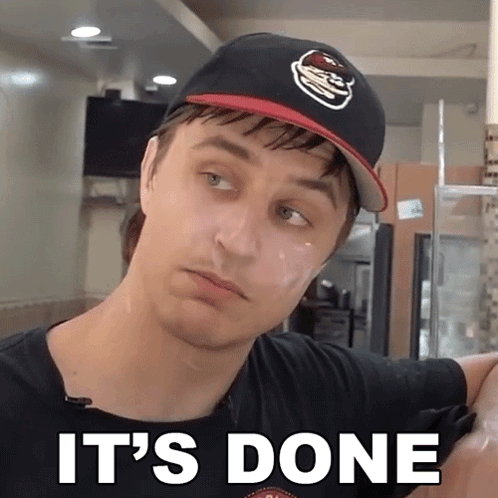 A Man Wearing A Baseball Cap With A Hamburger On It Says It 'S Done GIF