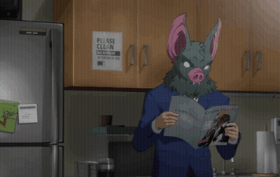 A Man Wearing A Bat Mask Reads A Magazine In Front Of A Sign That Says Please Clean GIF