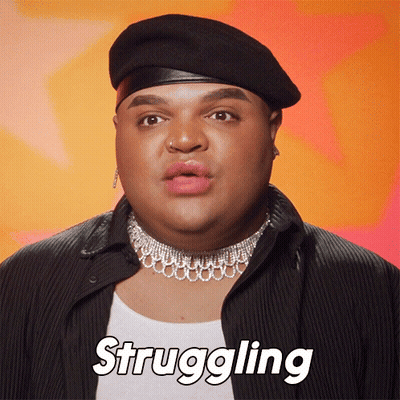 A Man Wearing A Beret And A Choker Has The Word Struggling Above His Head GIF