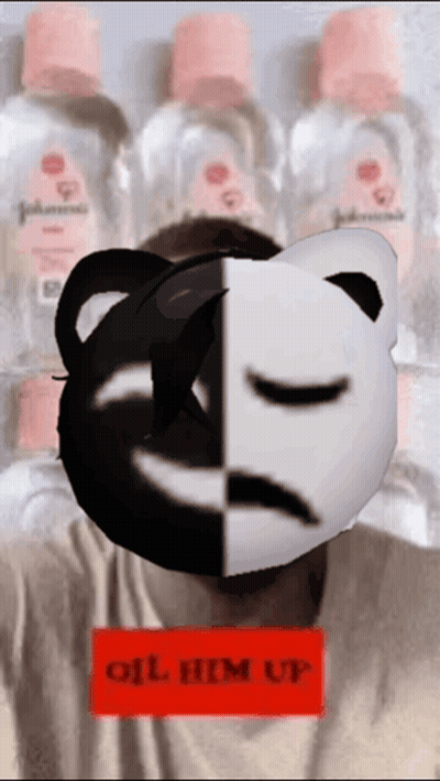 A Man Wearing A Black And White Mask With A Mustache Is Standing In Front Of Bottles Of Johnsons Baby Oil GIF
