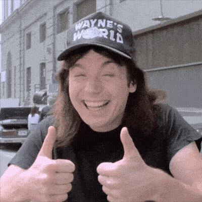 A Man Wearing A Black Hat That Says Wayne 'S World Gives Two Thumbs Up GIF