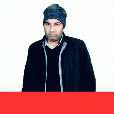 A Man Wearing A Black Jacket And A Headband Stands In Front Of A White Background GIF