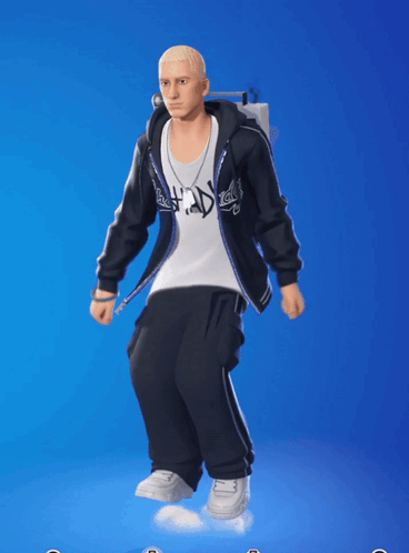 A Man Wearing A Black Jacket And A White Shirt That Says ' Eminem ' On It GIF