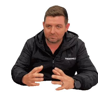 A Man Wearing A Black Jacket With Waterpro On It Sticker