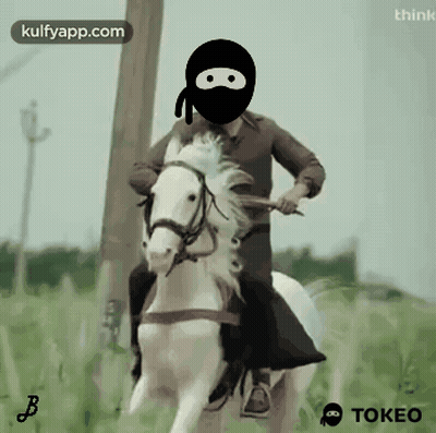 A Man Wearing A Black Mask Is Riding A White Horse In A Field GIF