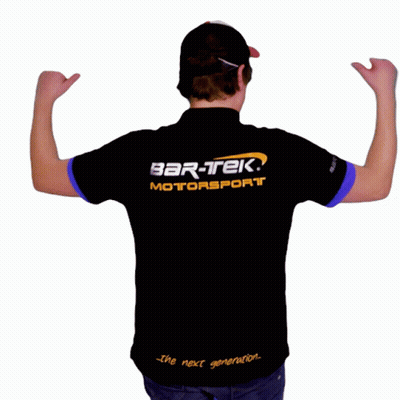 A Man Wearing A Black Shirt That Says Bar-Tek Motorsport On The Back GIF