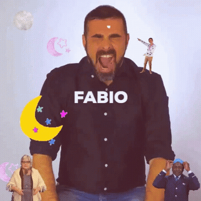 A Man Wearing A Black Shirt That Says Fabio GIF