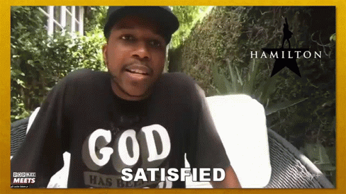 A Man Wearing A Black Shirt That Says God Satisfied GIF