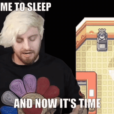 A Man Wearing A Black Shirt That Says Me To Sleep And Now It 'S Time On It GIF