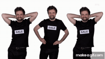 A Man Wearing A Black Shirt That Says Sale On It GIF