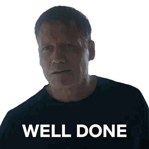 A Man Wearing A Black Shirt With The Words Well Done Written On It Sticker