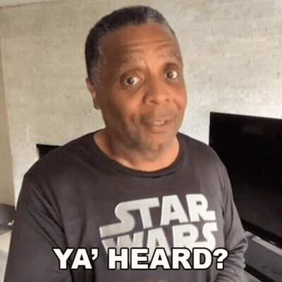 A Man Wearing A Black Star Wars Shirt Is Asking If He Has Heard . GIF