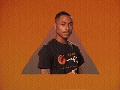 A Man Wearing A Black T-Shirt With Chinese Writing On It Is Standing In Front Of An Orange Background . GIF