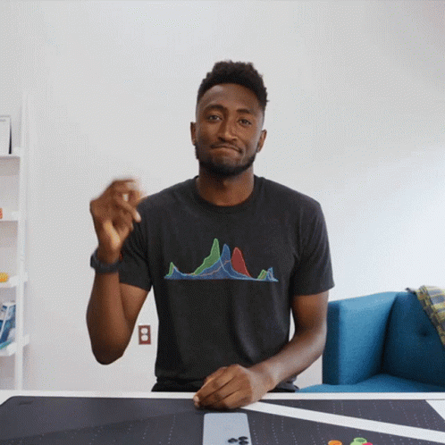 A Man Wearing A Black T-Shirt With Mountains On It GIF