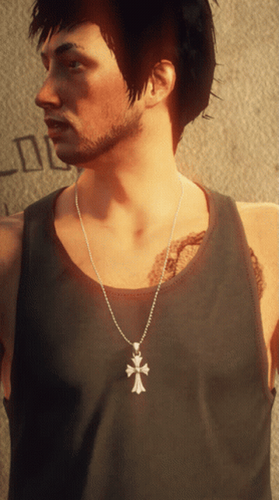 A Man Wearing A Black Tank Top And A Silver Cross Necklace GIF
