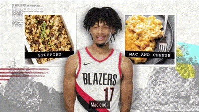 A Man Wearing A Blazers Jersey Stands In Front Of A Collage Of Food GIF