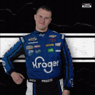A Man Wearing A Blue And Black Race Suit With Kroger On It GIF