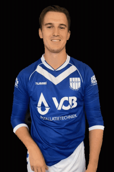 A Man Wearing A Blue And White Hummel Shirt With Avcb Written On It GIF