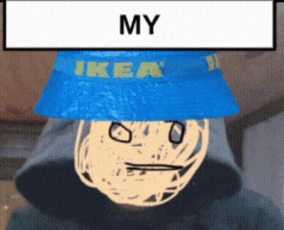A Man Wearing A Blue Bucket Hat With Ikea Written On It GIF