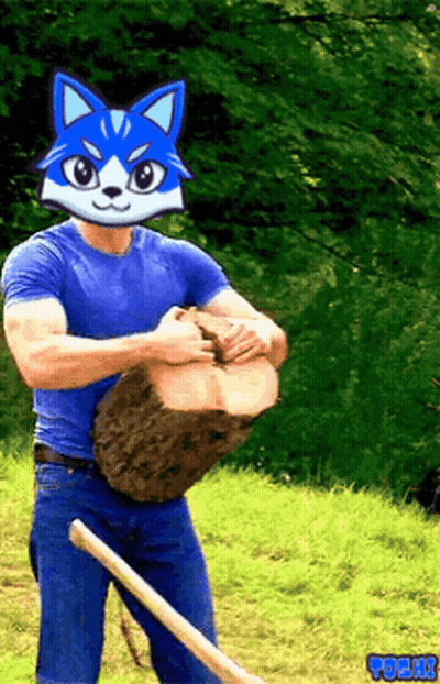 A Man Wearing A Blue Cat Mask Is Holding A Log In His Hands GIF