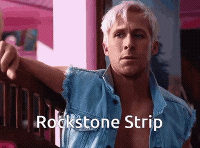 A Man Wearing A Blue Denim Vest With The Words Rockstone Strip On It GIF