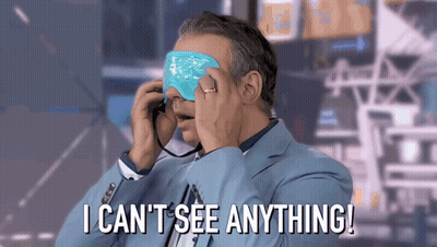 A Man Wearing A Blue Eye Mask With The Words I Can 'T See Anything Written Below Him GIF