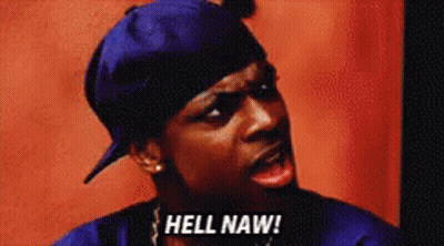 a man wearing a blue hat and a bandana says hell naw
