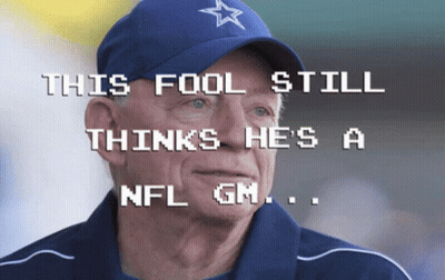 A Man Wearing A Blue Hat With The Words This Fool Still Thinks He 'S A Nfl Gm Written On It GIF