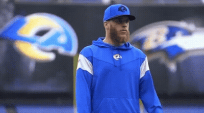 A Man Wearing A Blue Hoodie And A Baseball Cap Stands In Front Of A Large Rams Logo . GIF