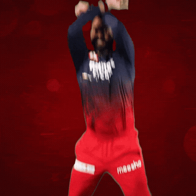 A Man Wearing A Blue Shirt And Red Pants With The Word Moesho On The Side GIF