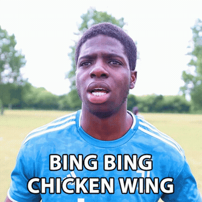 A Man Wearing A Blue Shirt That Says Bing Bing Chicken Wing On It GIF