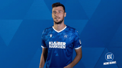 A Man Wearing A Blue Shirt That Says Klarer Markisen On It GIF